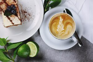 drink, coffee, cafe, cake, cappuccino, ceramic, cup, dessert, food, coffee cup, mug, plate